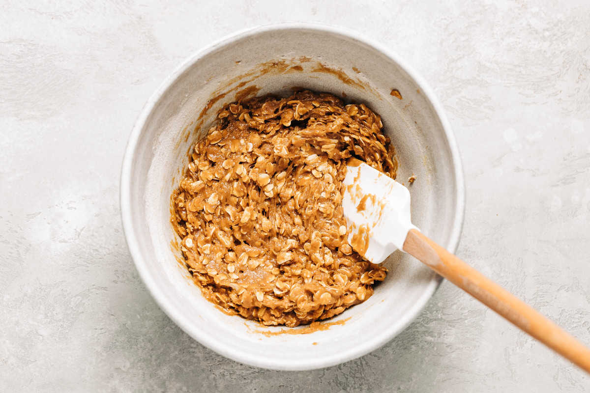 Oatmeal cookie dough in a bowl.