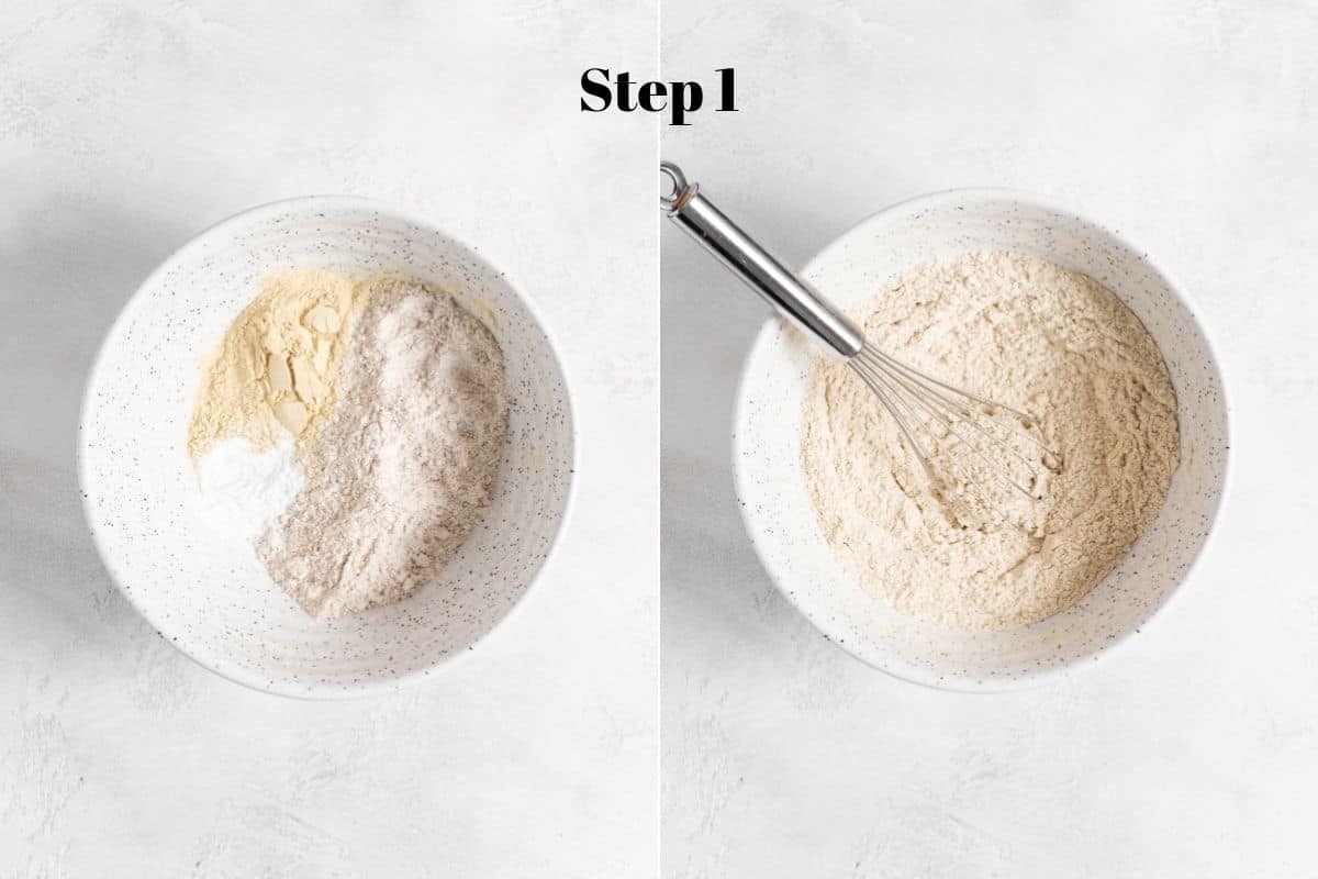 flour, baking powder, salt, and protein powder in a mixing bowl with a whisk.