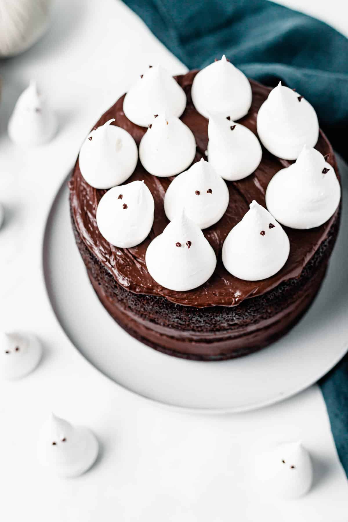 chocolate cake with meringue ghosts