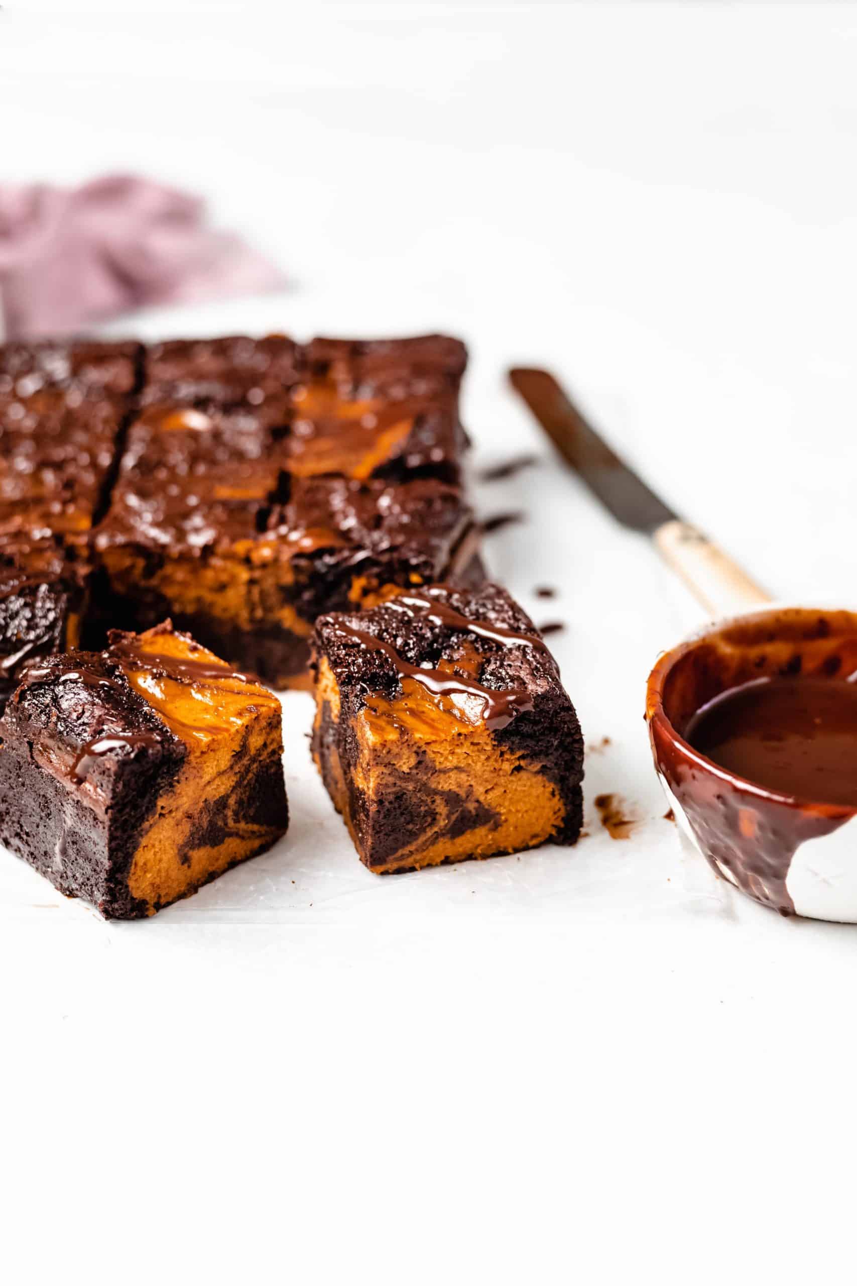 Pumpkin brownies with chocolate ganache.