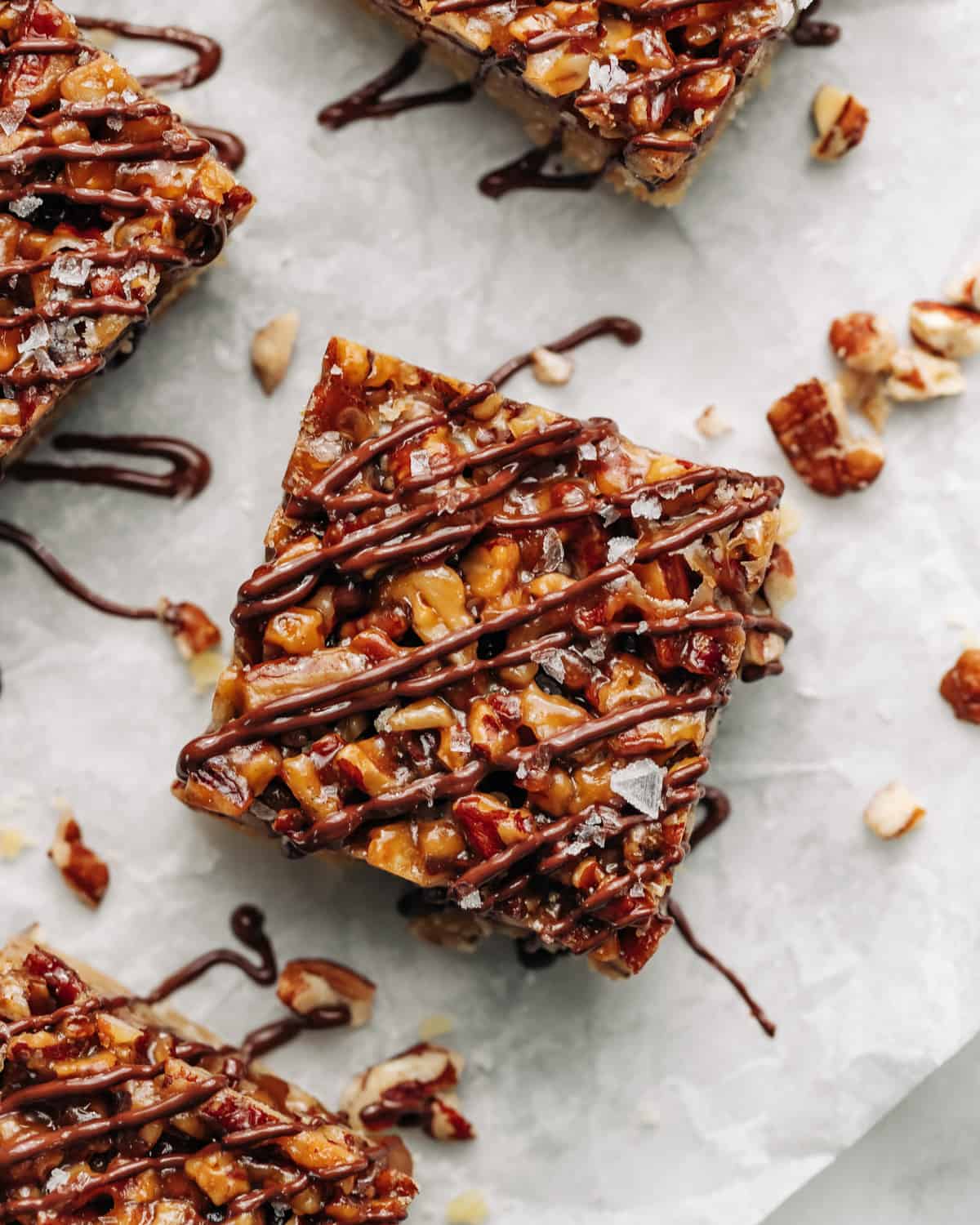 chocolate drizzled pecan bars.