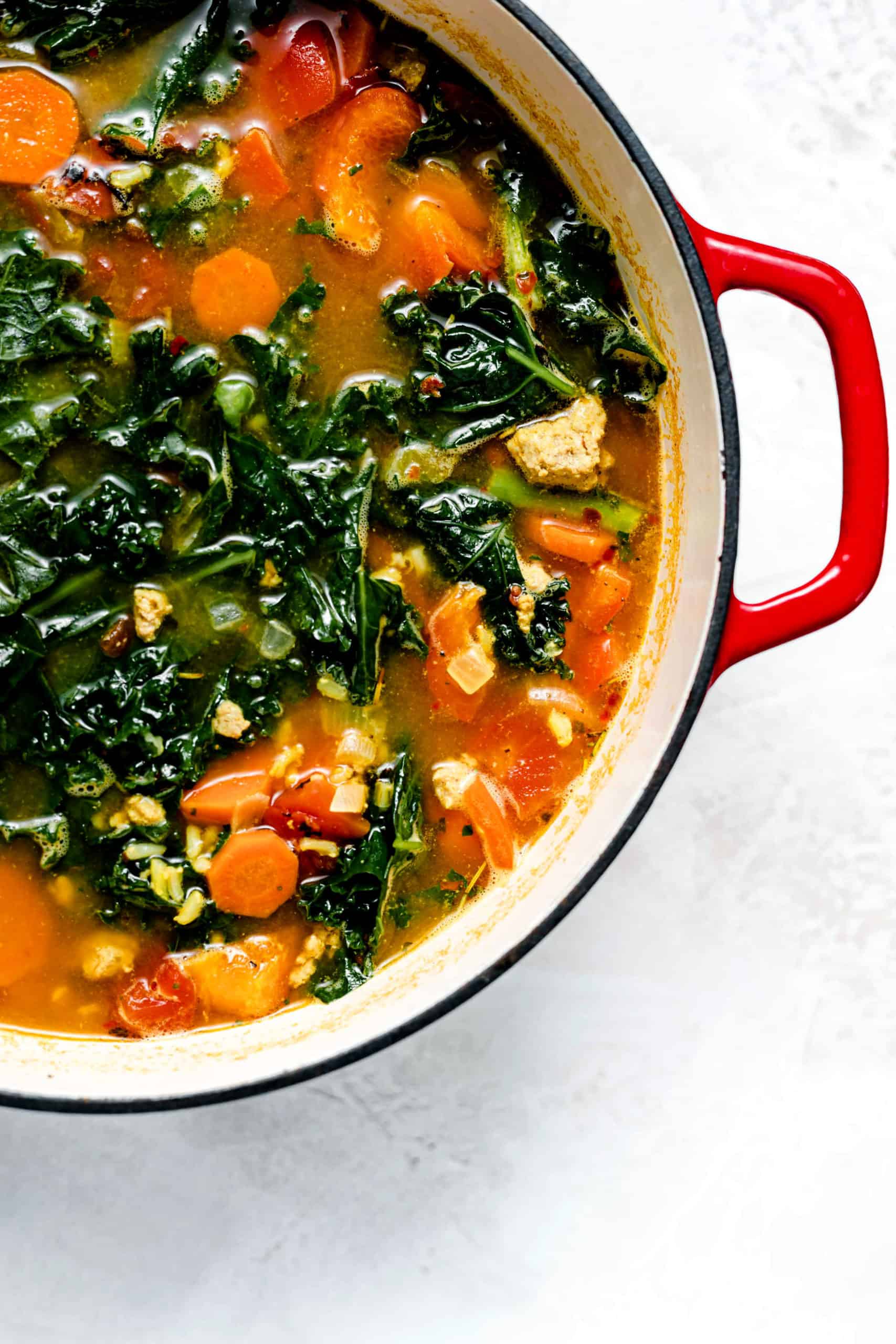 turkey kale and brown rice soup in pot