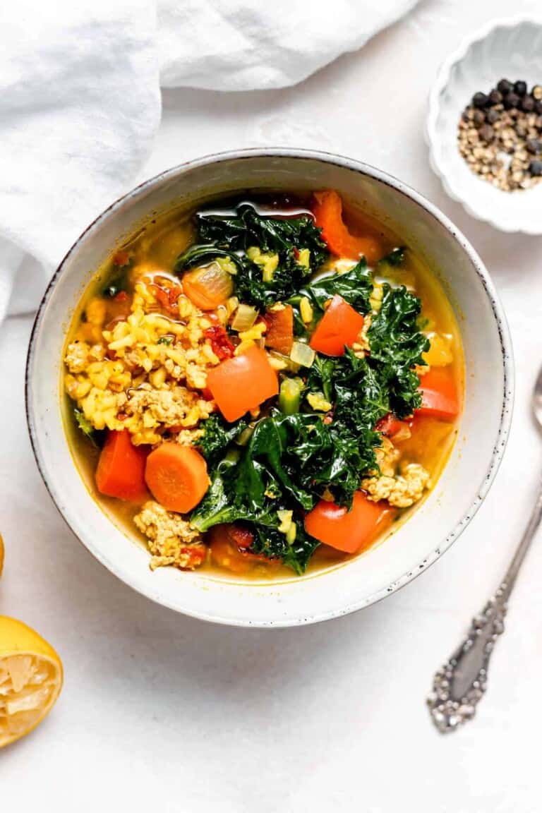 turkey kale and brown rice soup in bowl