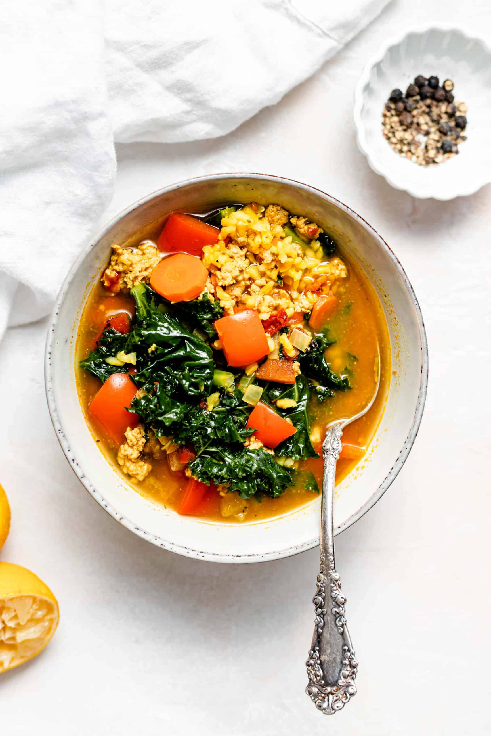 turkey kale and brown rice soup in bowl