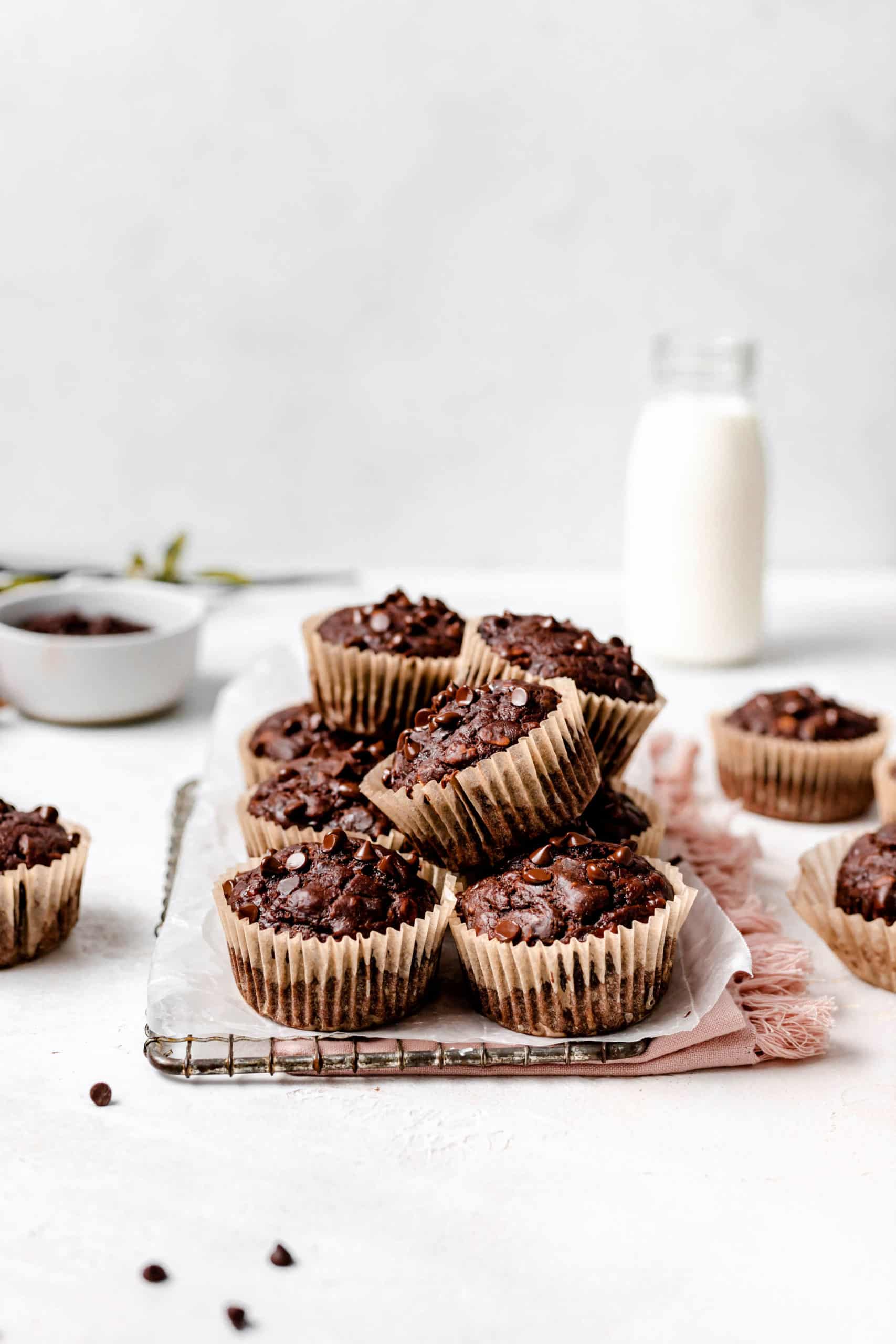 chocolate peanut butter banana muffins on a wire rack