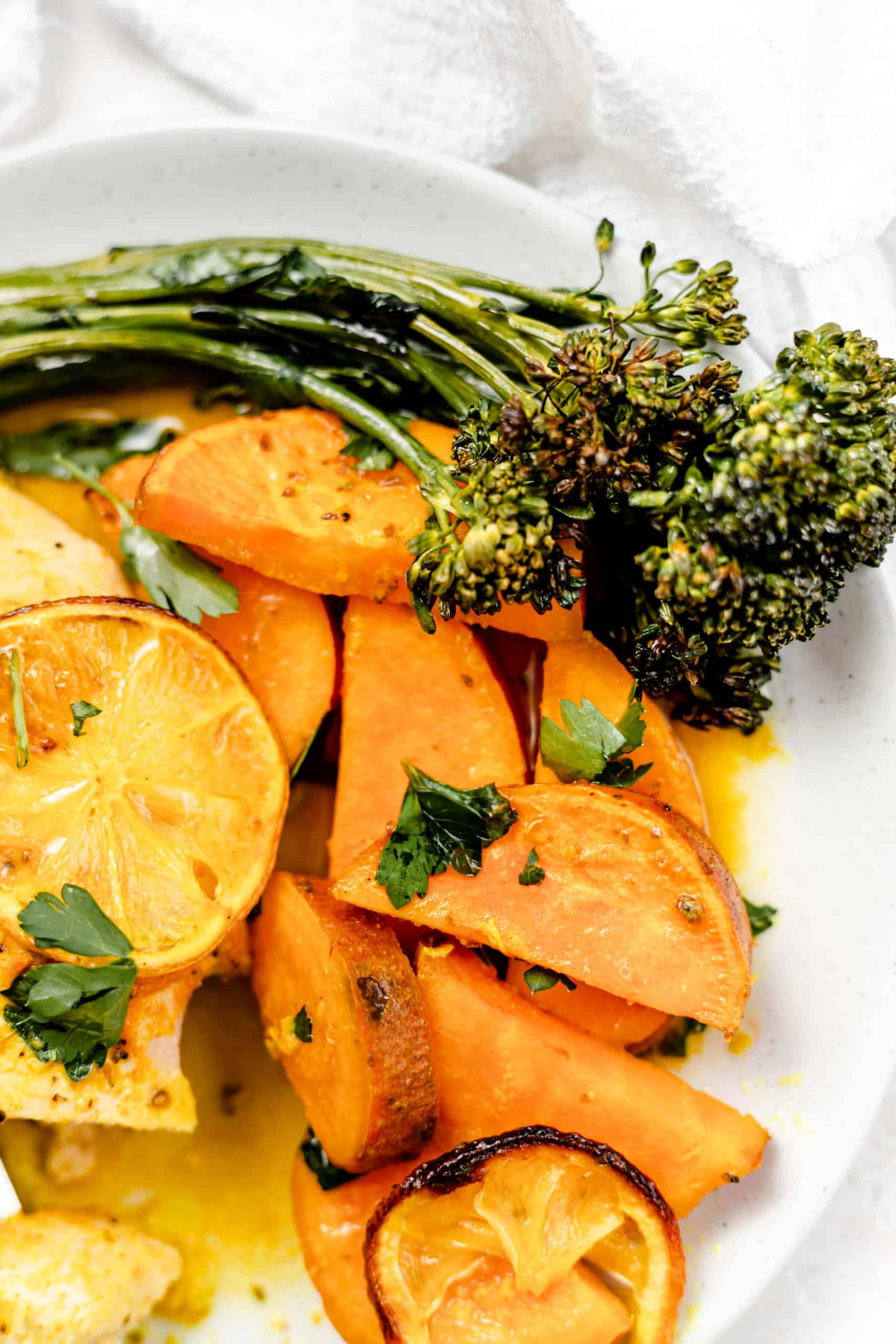 roasted sweet potatoes and broccolini 