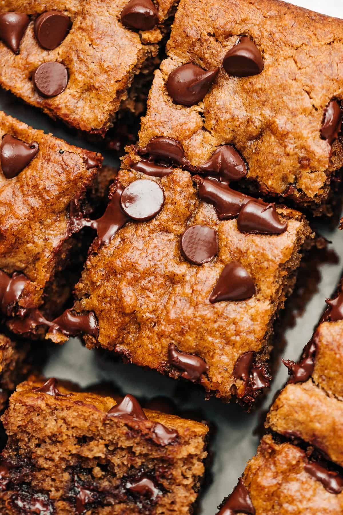 Paleo chocolate chip banana bread cut into squares.