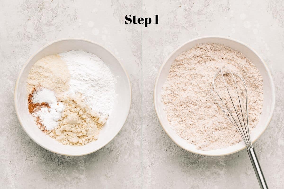 almond flour, tapioca flour, coconut flour, cinnamon baking soda, and salt in a mixing bowl.