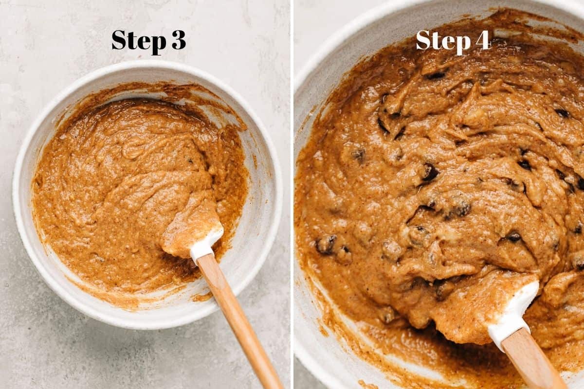 paleo banana bread batter with chocolate chips in a mixing bowl.