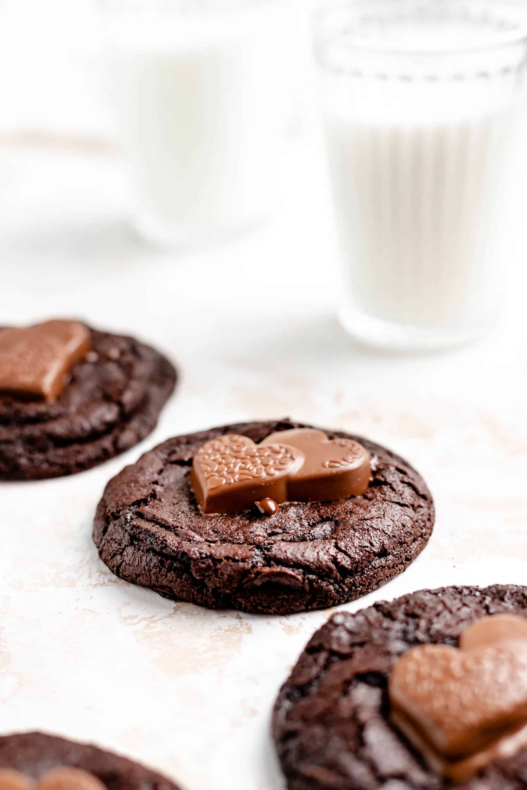 double chocolate chip cookies with a glass of milk