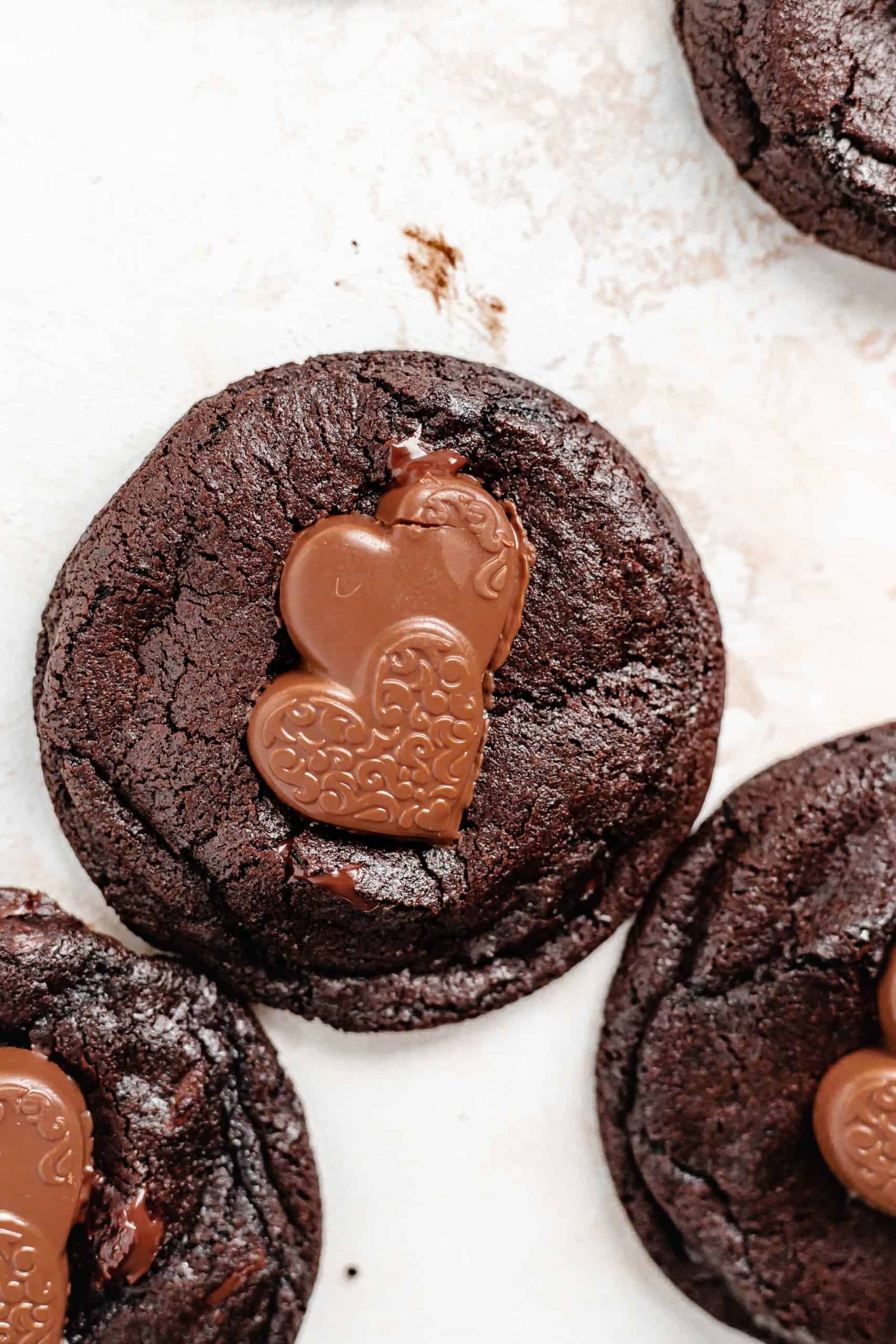 chocolate cookie with caramel filled chocolate hearts