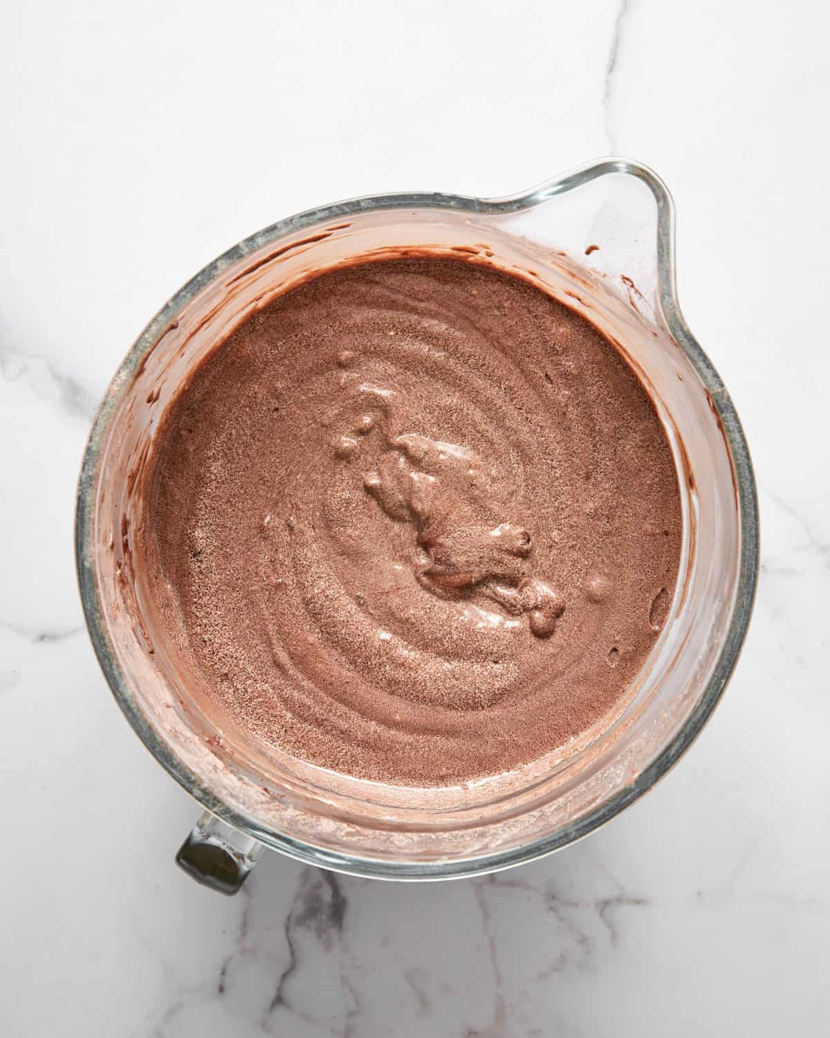 red wine chocolate cake batter in a mixing bowl.