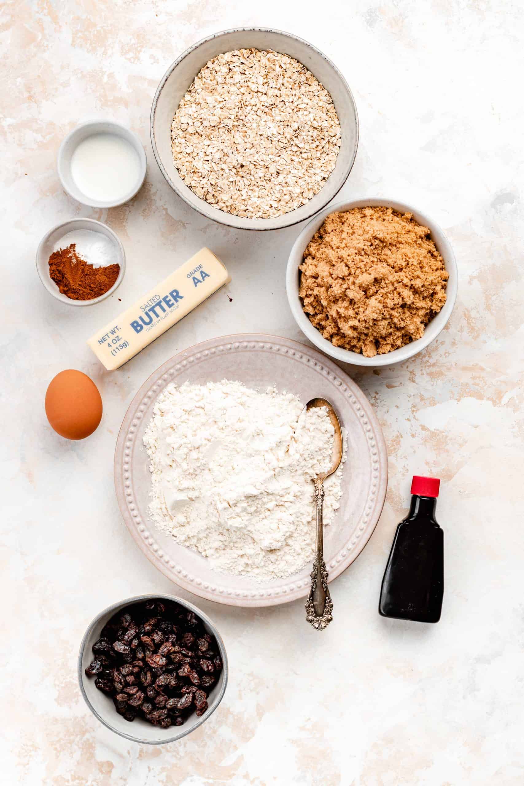 ingredients for bakery style chewy oatmeal raisin cookies