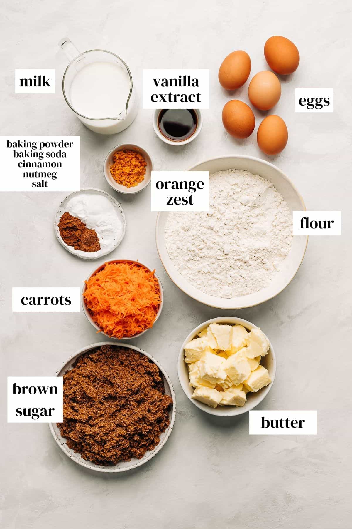 Carrot cake recipe ingredients.