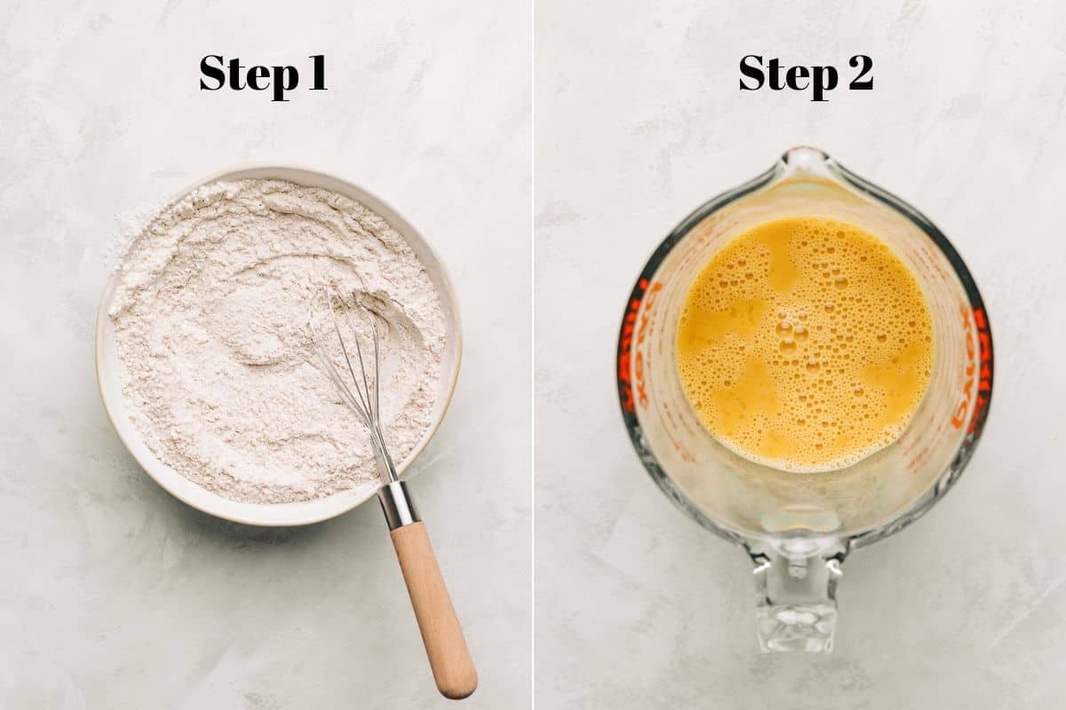 Flour mixture with a whisk in a bowl and beaten egg mixture in a glass measuring cup.