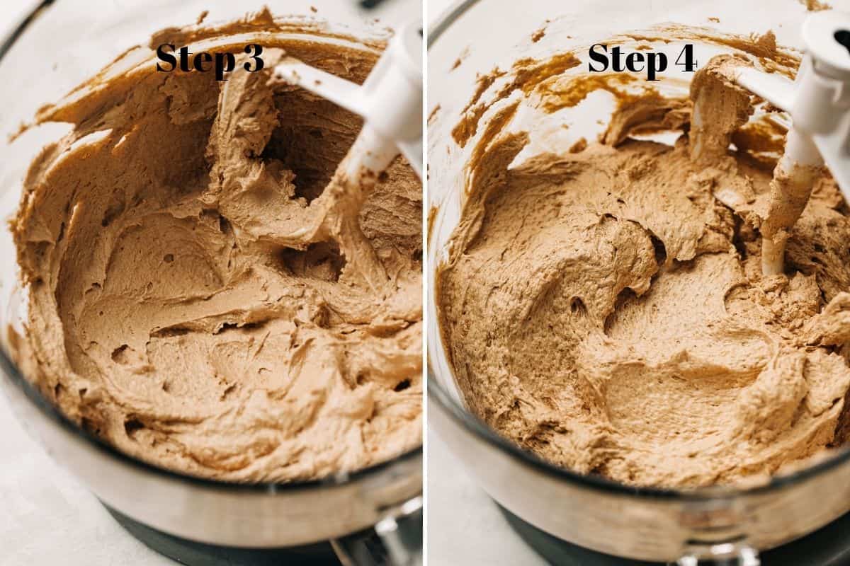 beaten butter and brown sugar in a glass mixing bowl.