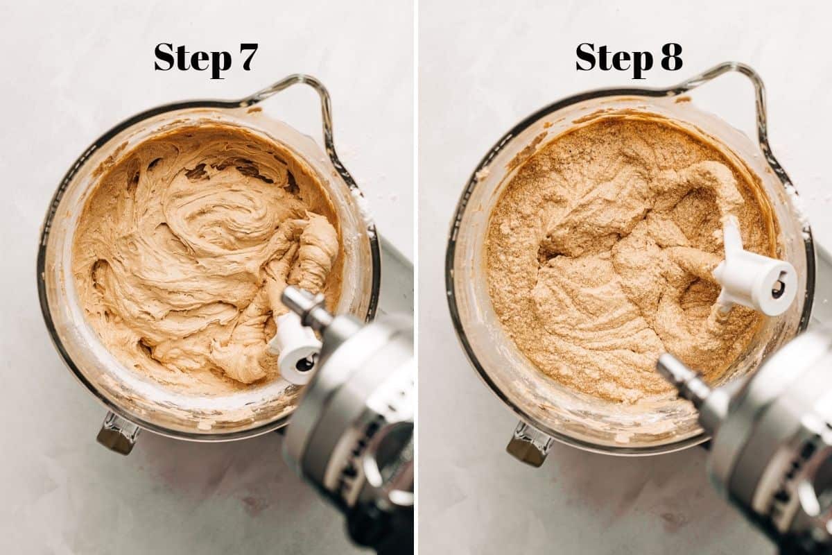 carrot cake batter in a glass mixing bowl.