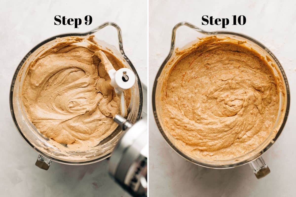 carrot cake batter in a glass mixing bowl.