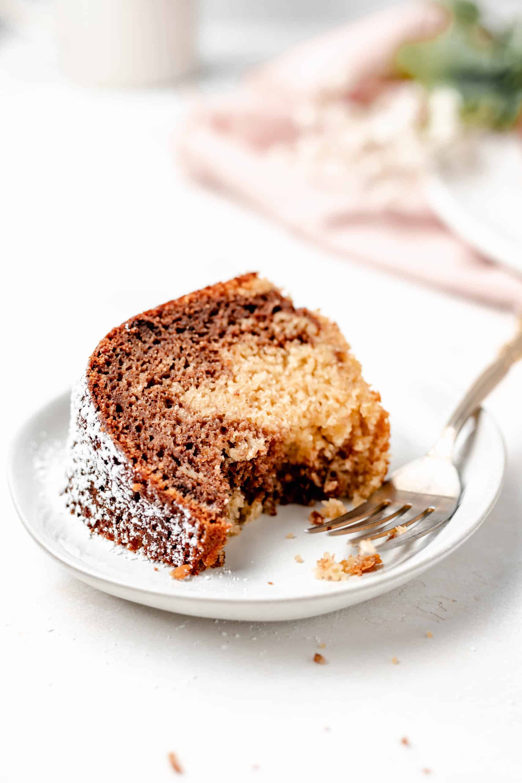 slice of marble banana bread on a plate