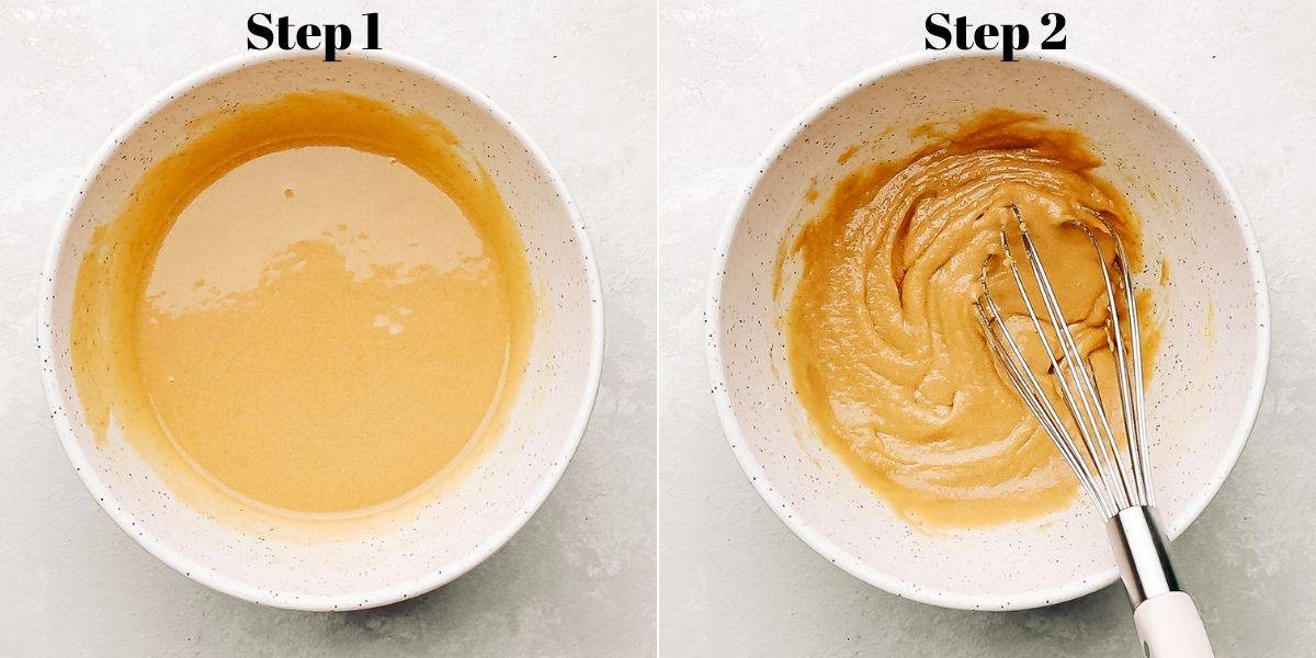 brown sugar, sugar, and egg mixture in a white bowl and brown sugar, sugar, egg, and melted butter mixture in a white bowl.