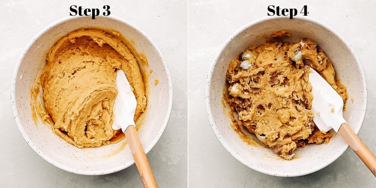 cookie dough in a white bowl with rubber spatula and cadbury egg milk chocolate chunk cookie dough in a white bowl.