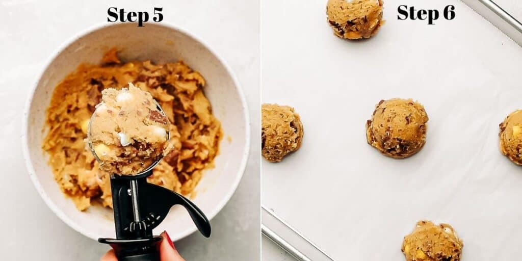 cookie dough in a large cookie scoop and cookie dough on a parchment lined baking sheet.