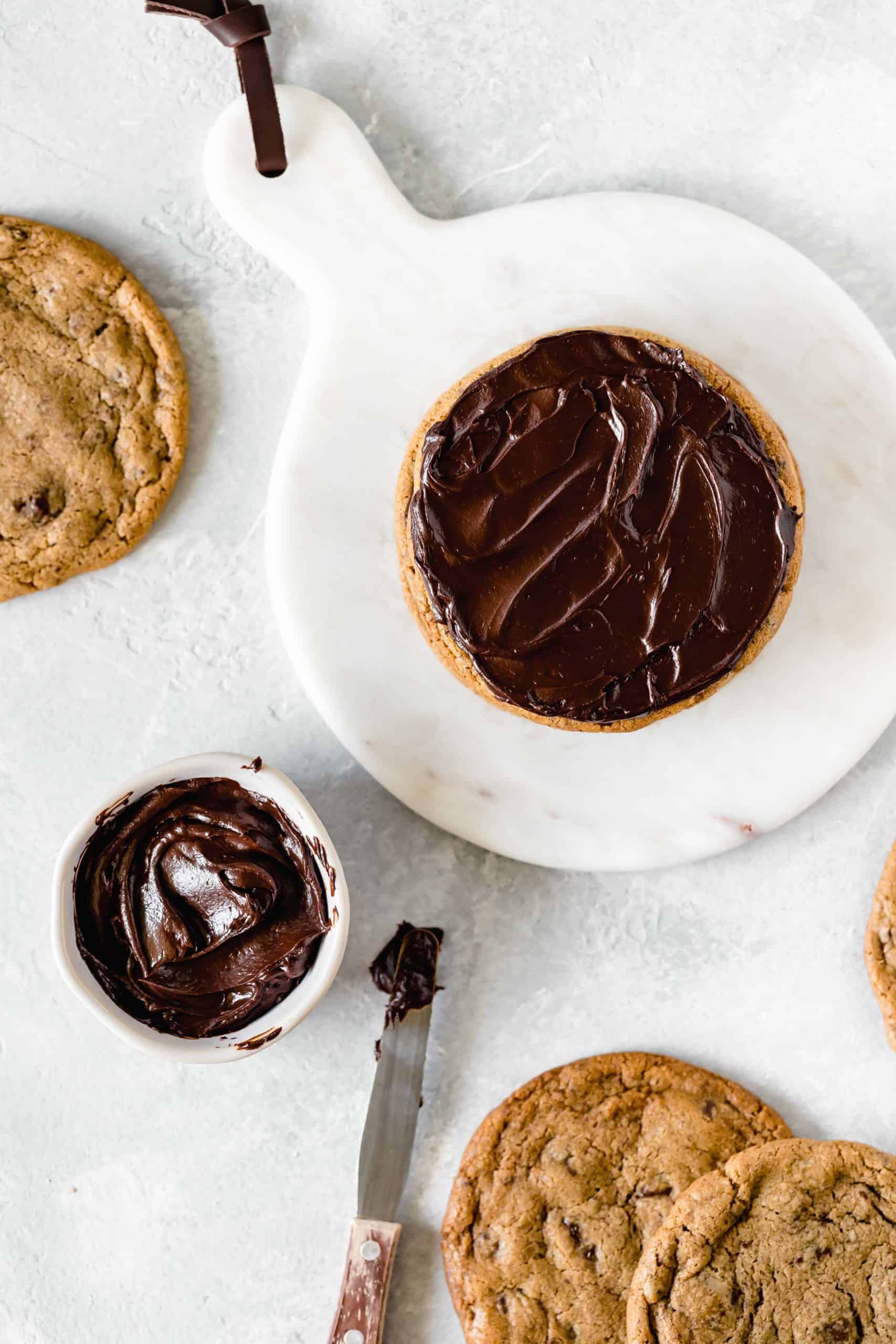 ganache on a chocolate chip cookie