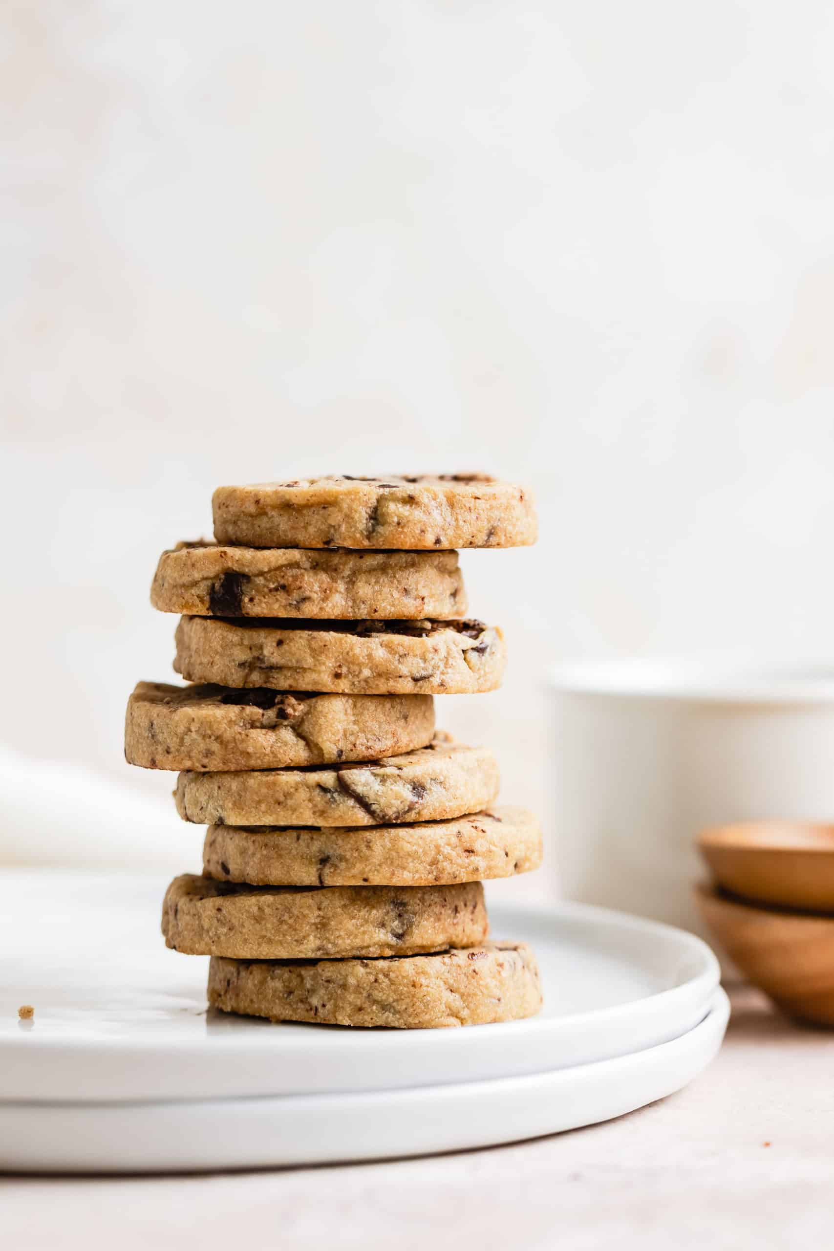 stack of chocolate chip shortbread cookies on a plate