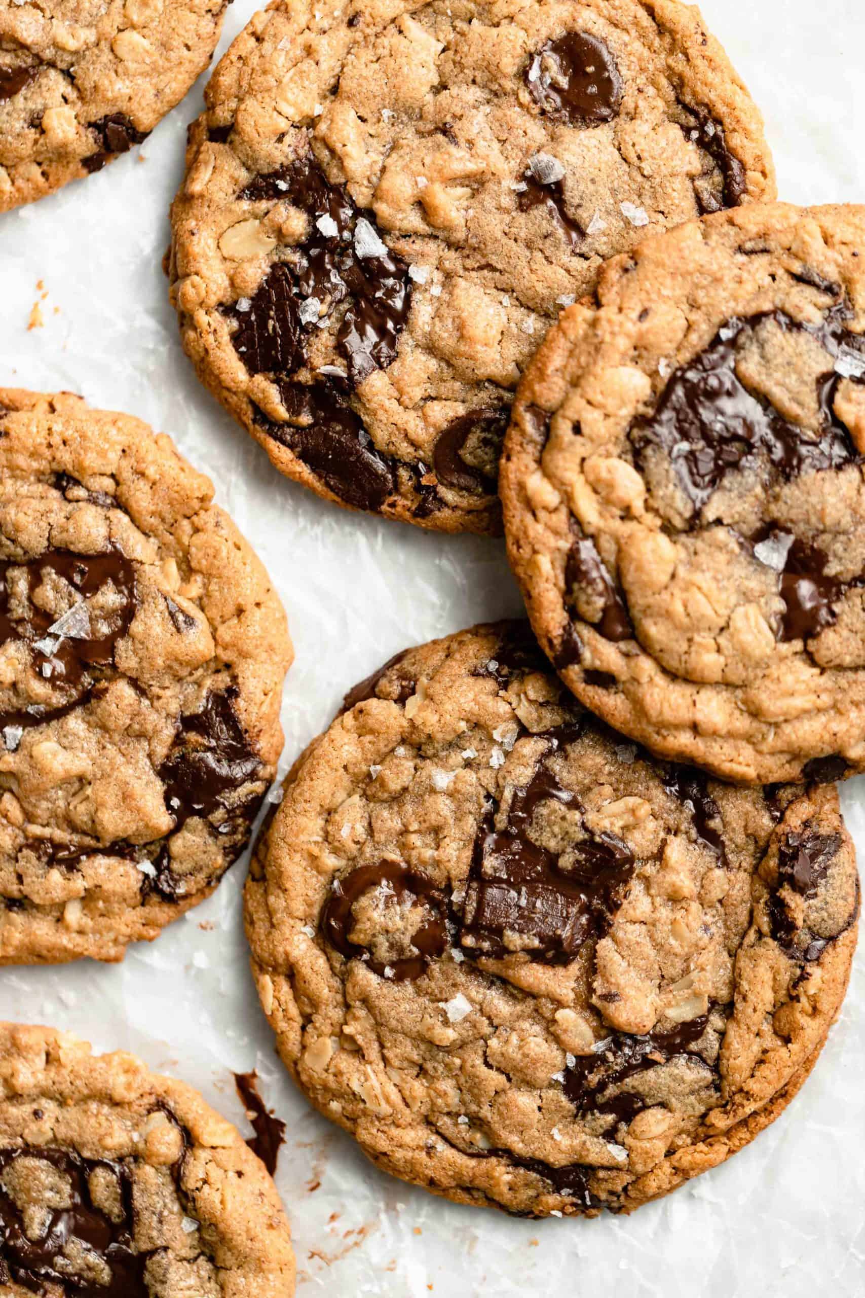 Peanut Butter Oatmeal Chocolate Chip Cookies on parchment paper