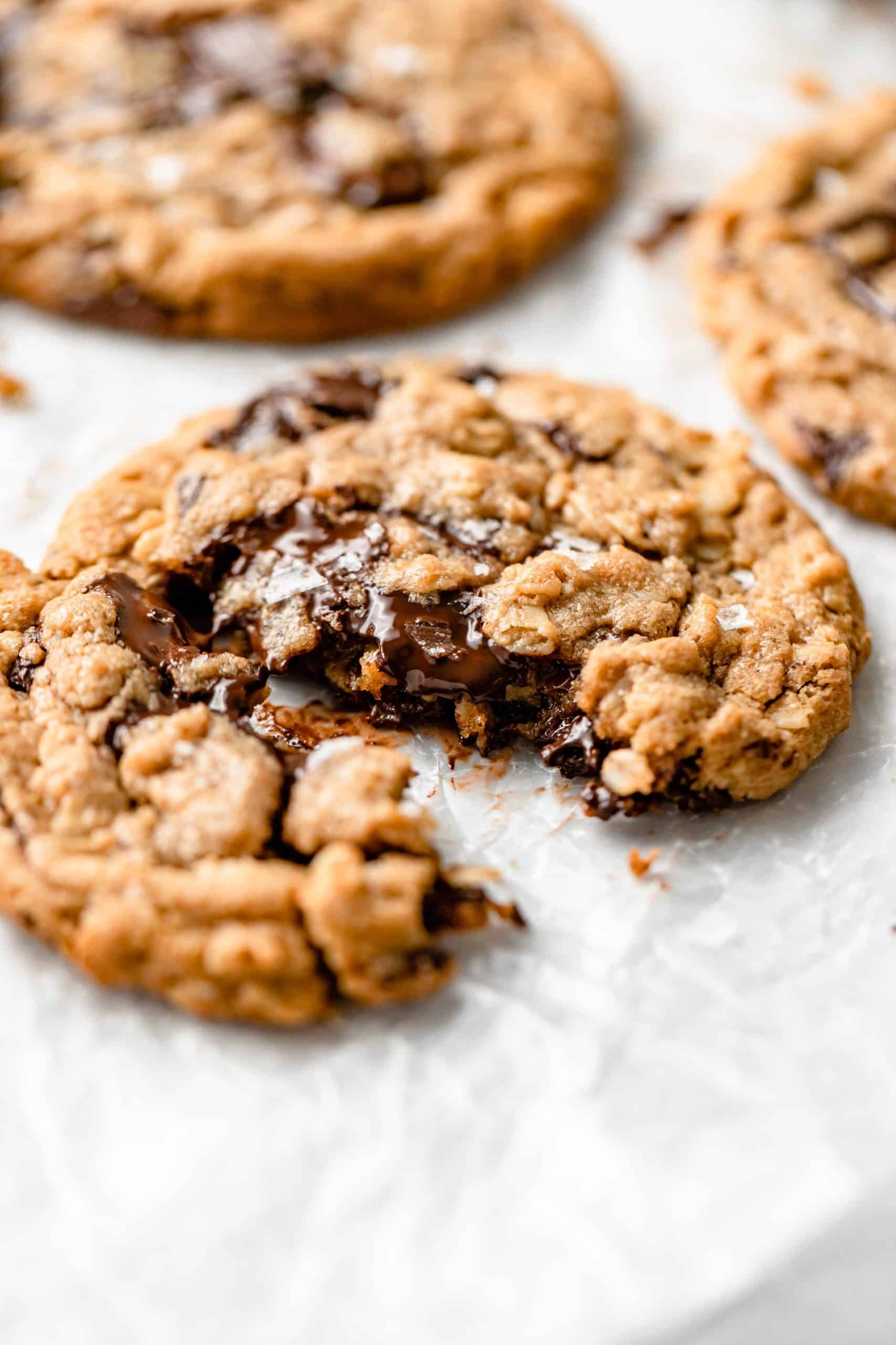 Peanut Butter Oatmeal Chocolate Chip Cookie with melted chocolate