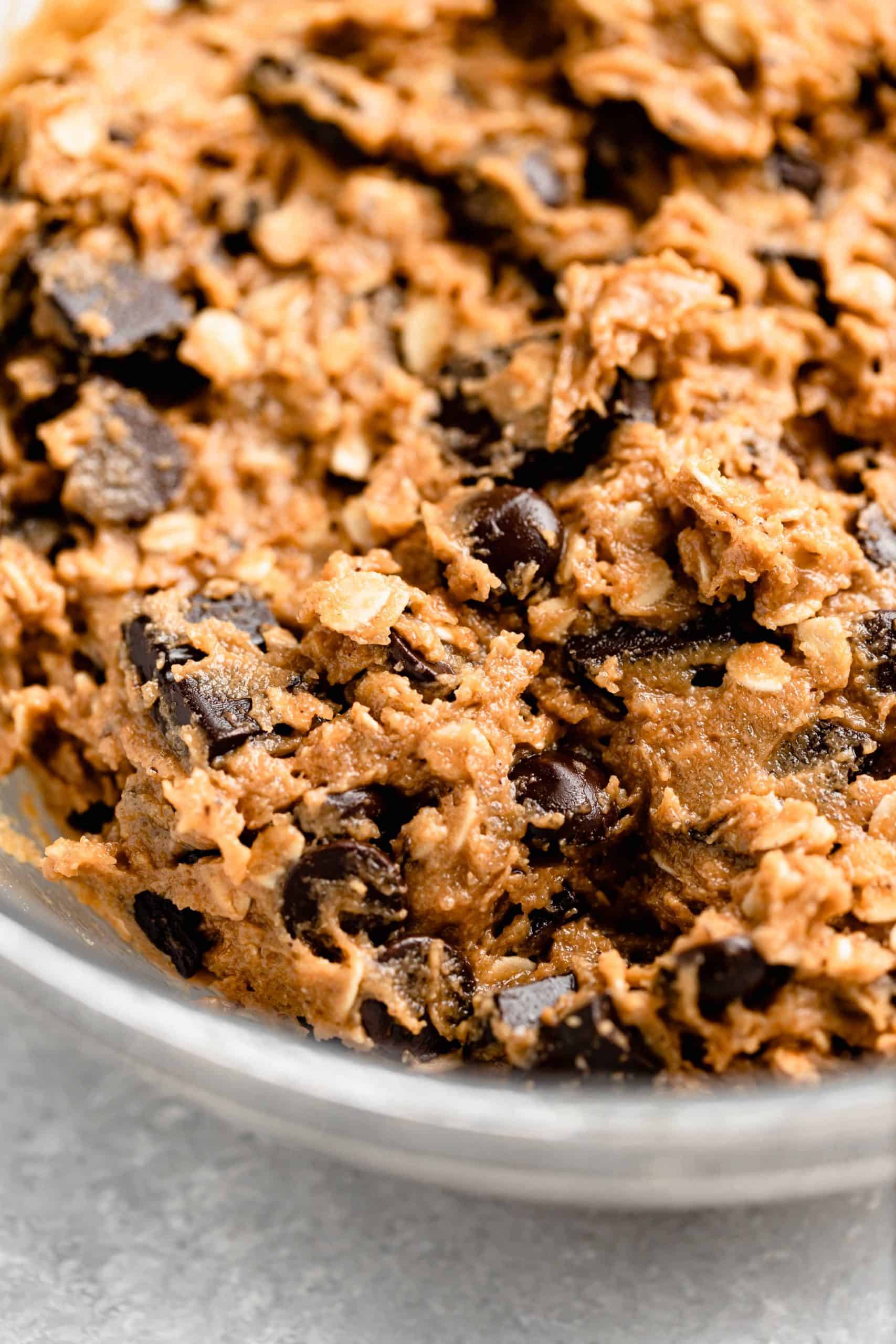 Peanut Butter Oatmeal Chocolate Chip Cookie dough in a bowl
