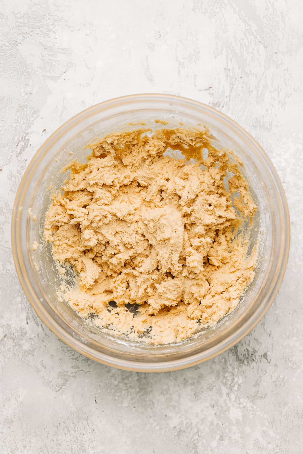 cookie dough in a glass bowl.