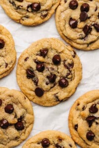 chocolate chip cookies on parchment paper.