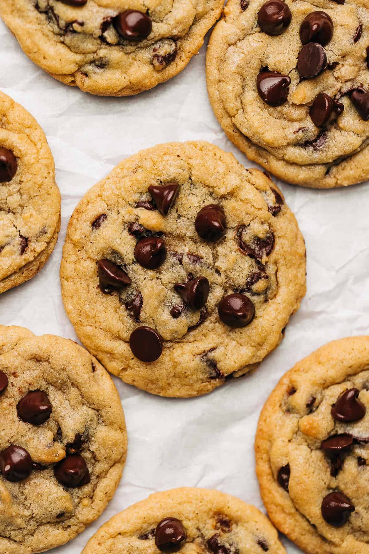 chocolate chip cookies on parchment paper.