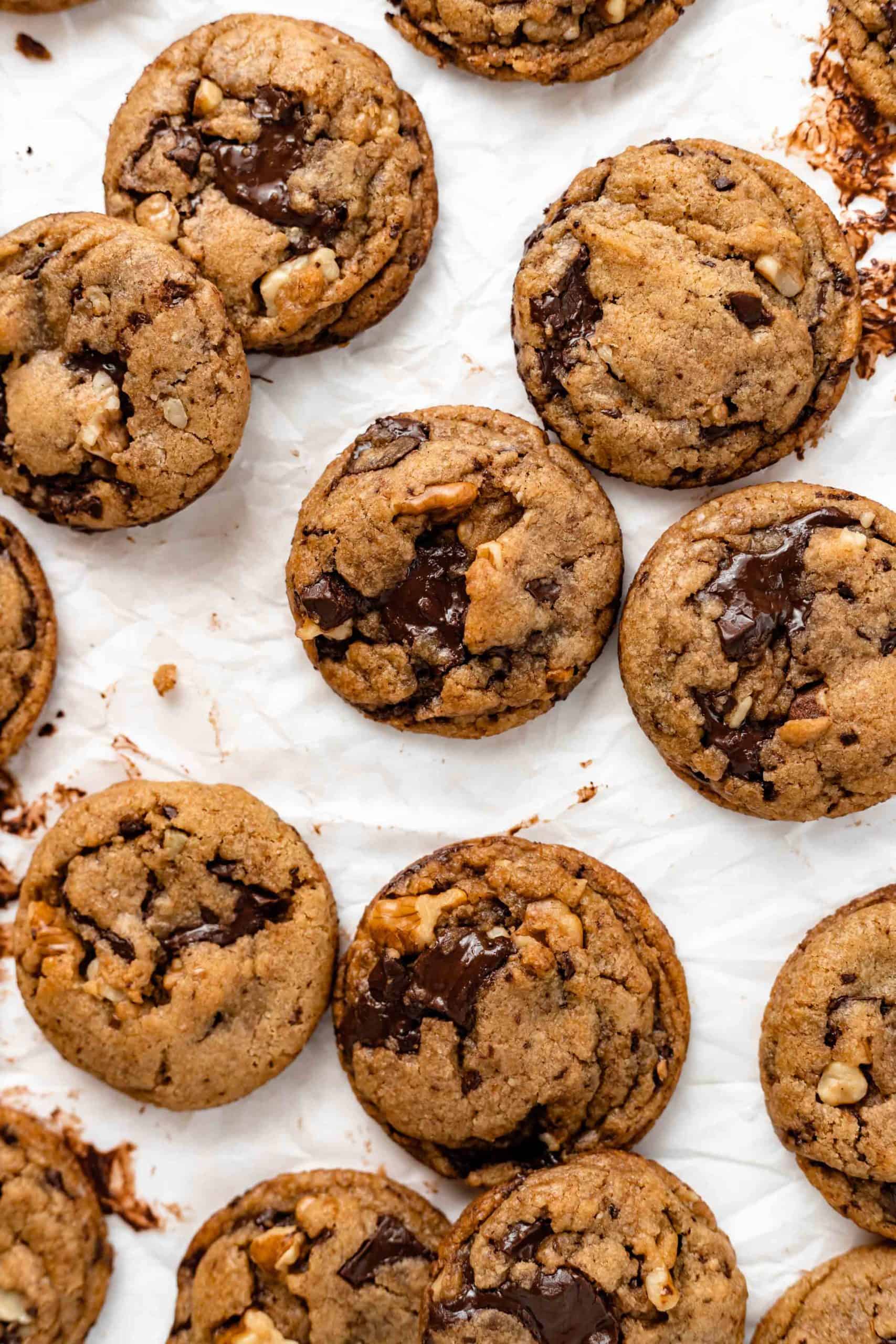 vegan chocolate chip cookie on parchment paper