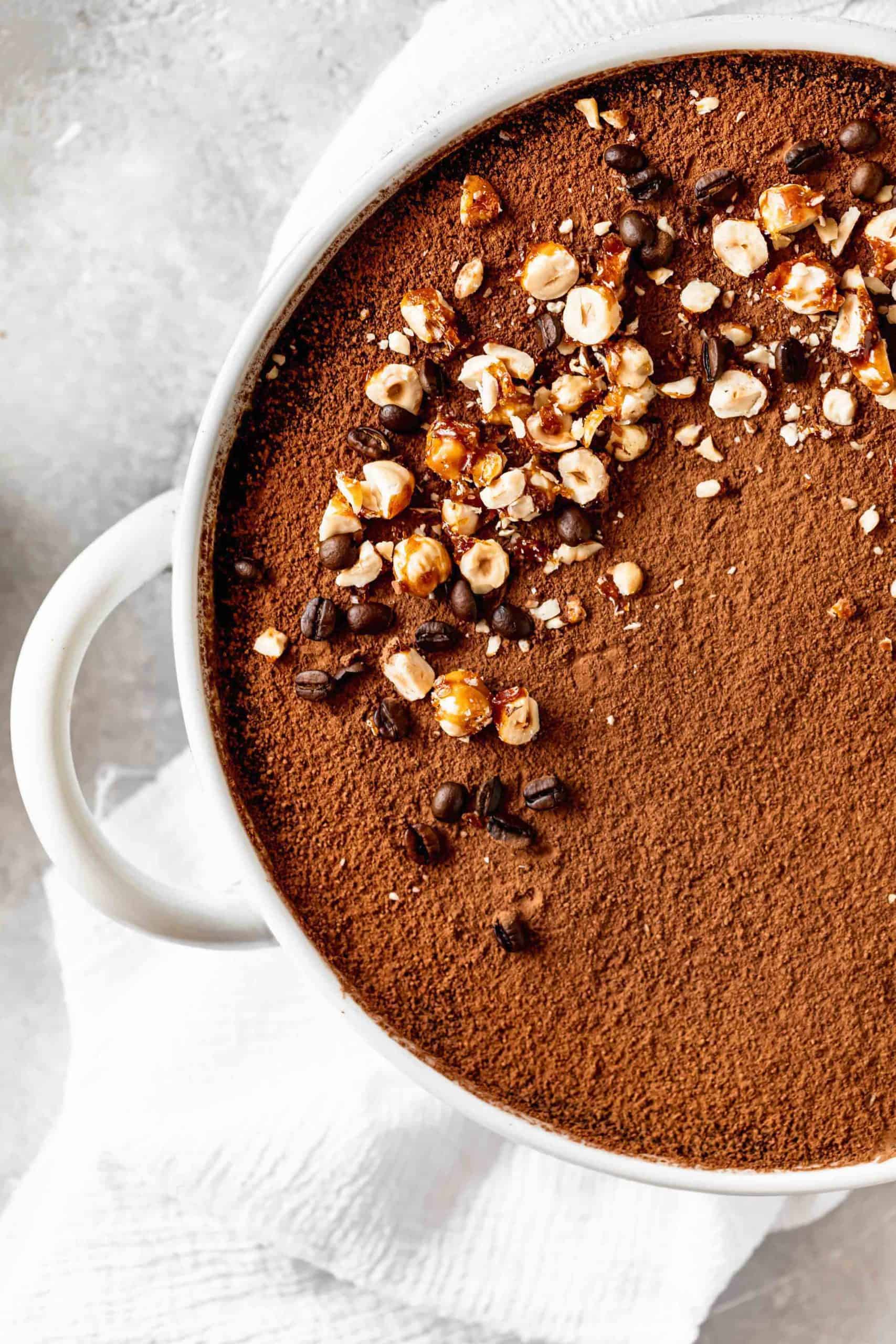 Hazelnut Tiramisu topped with candied hazelnuts and coffee beans