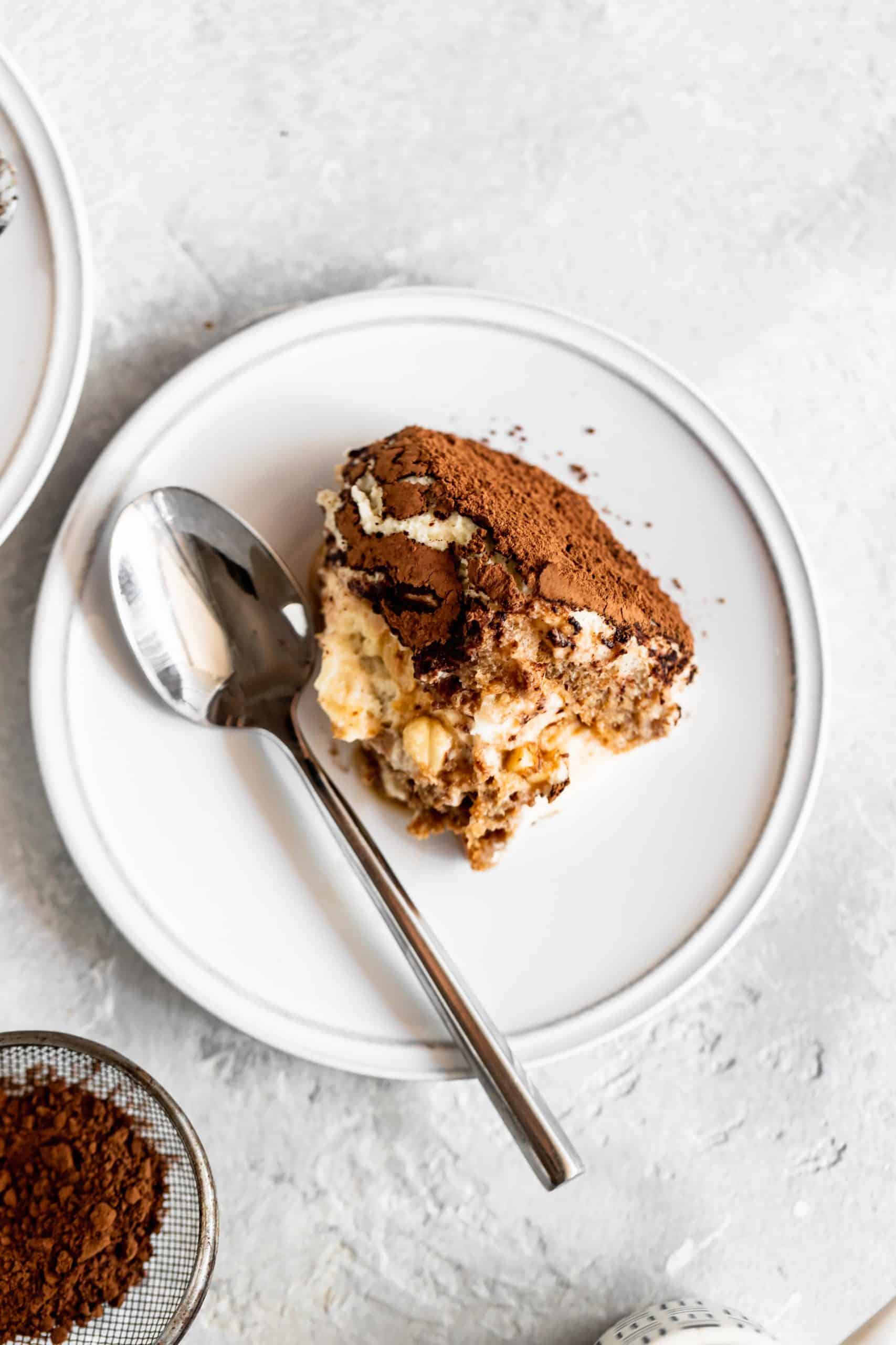 Serving of hazelnut tiramisu on a plate