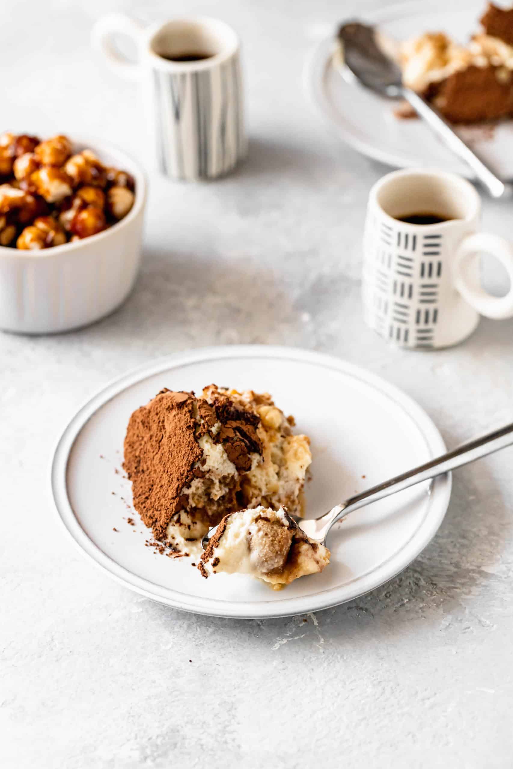 Serving on hazelnut tiramisu on a plate