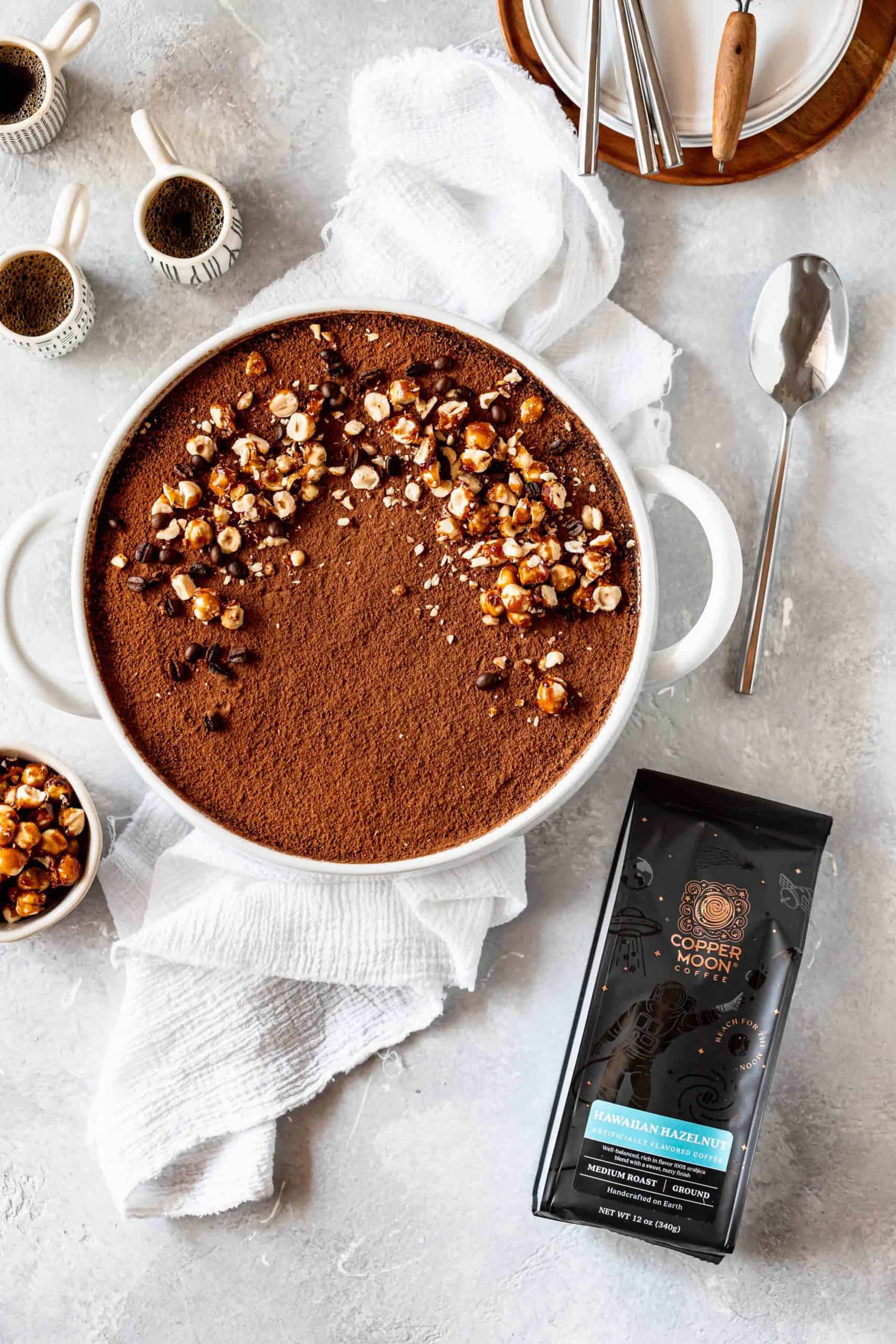 hazelnut tiramisu with candied hazelnuts and hazelnut flavored coffee