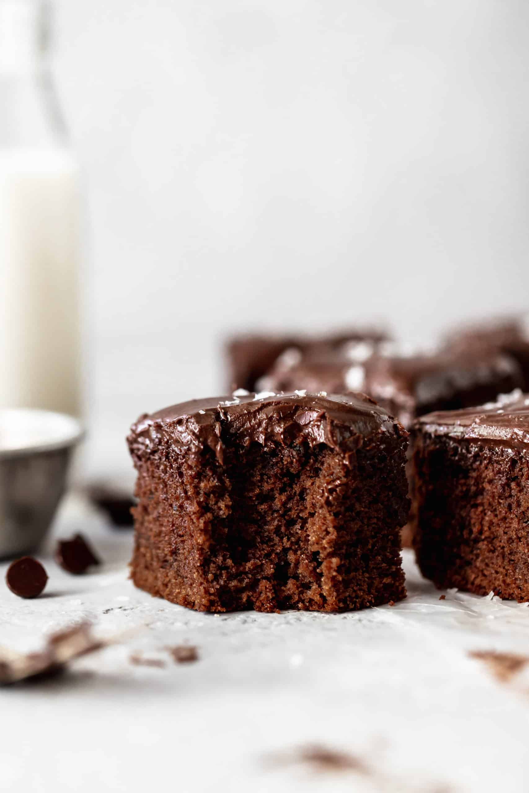 piece of chocolate cake with a bite taken from it
