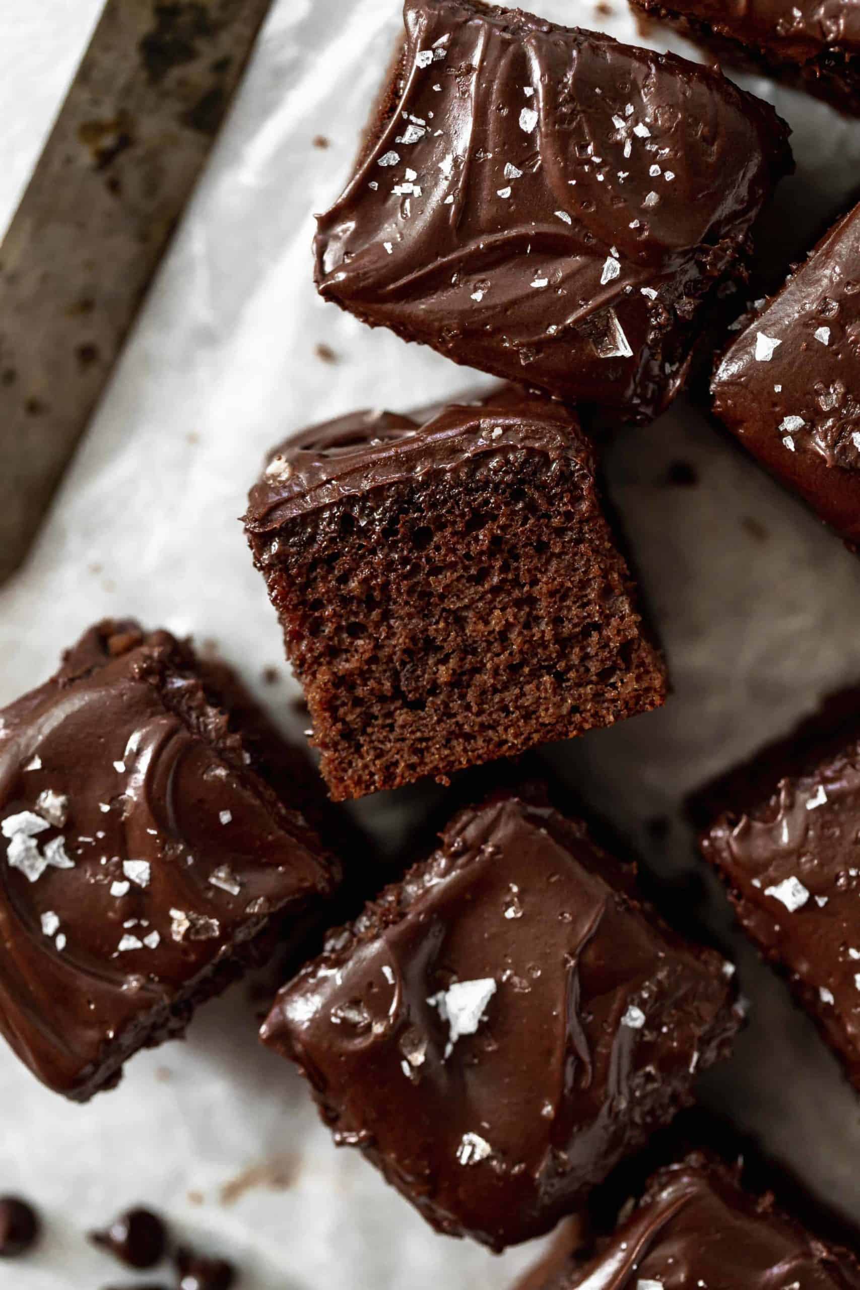 chocolate cake squares with chocolate frosting