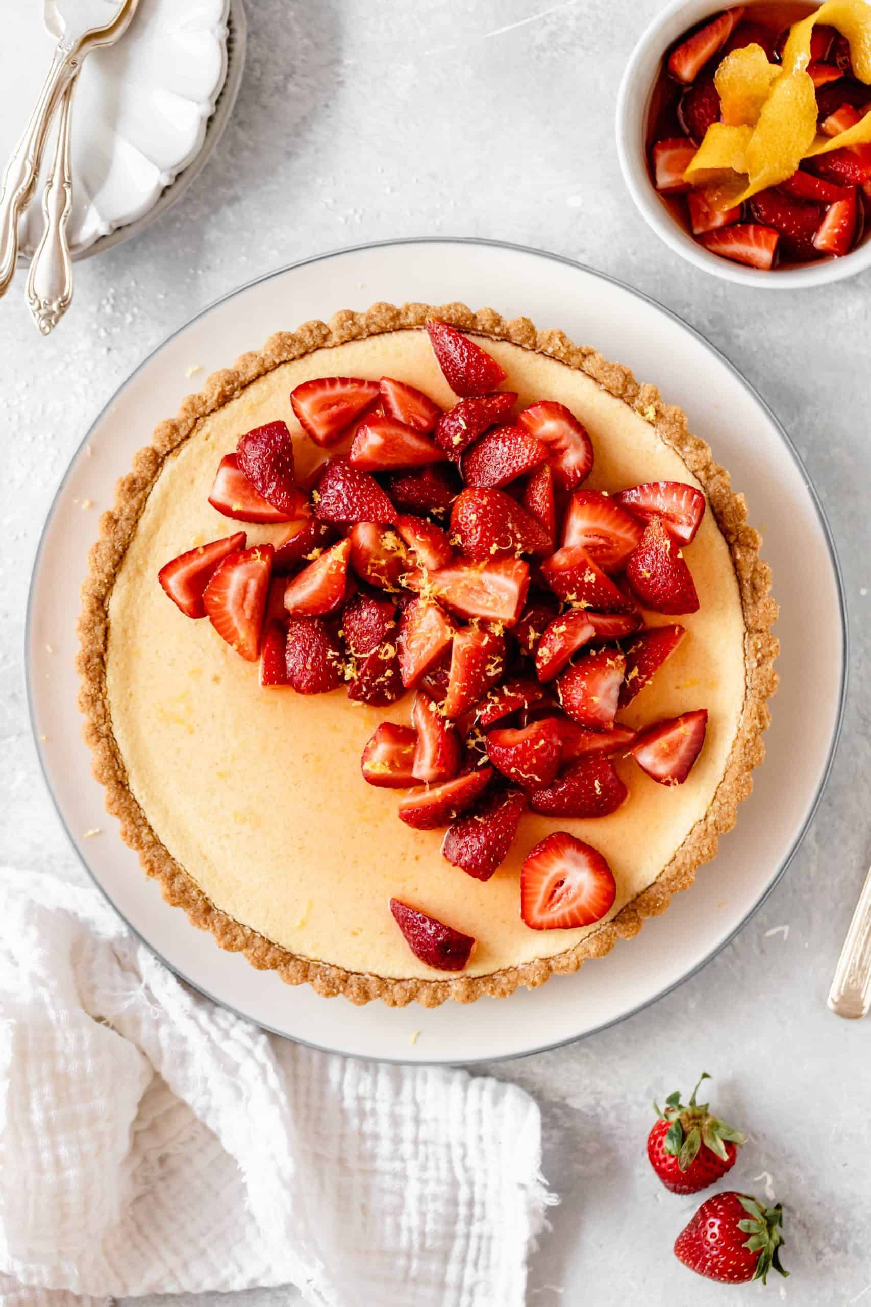 lemon tart topped with strawberries