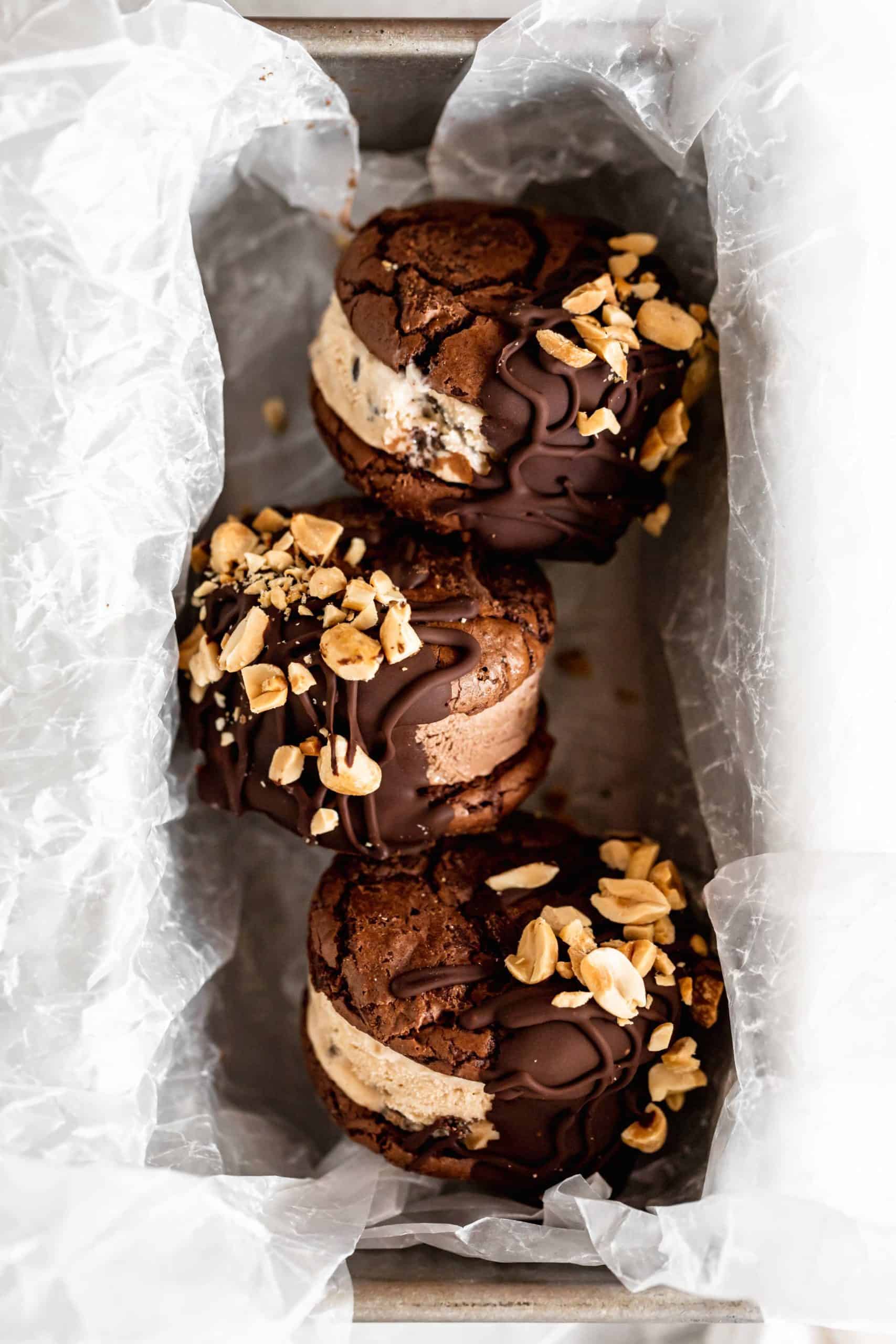 brownie cookie ice cream sandwiches in a loaf pan