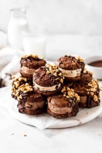 brownie cookie ice cream sandwiches on a marble platter