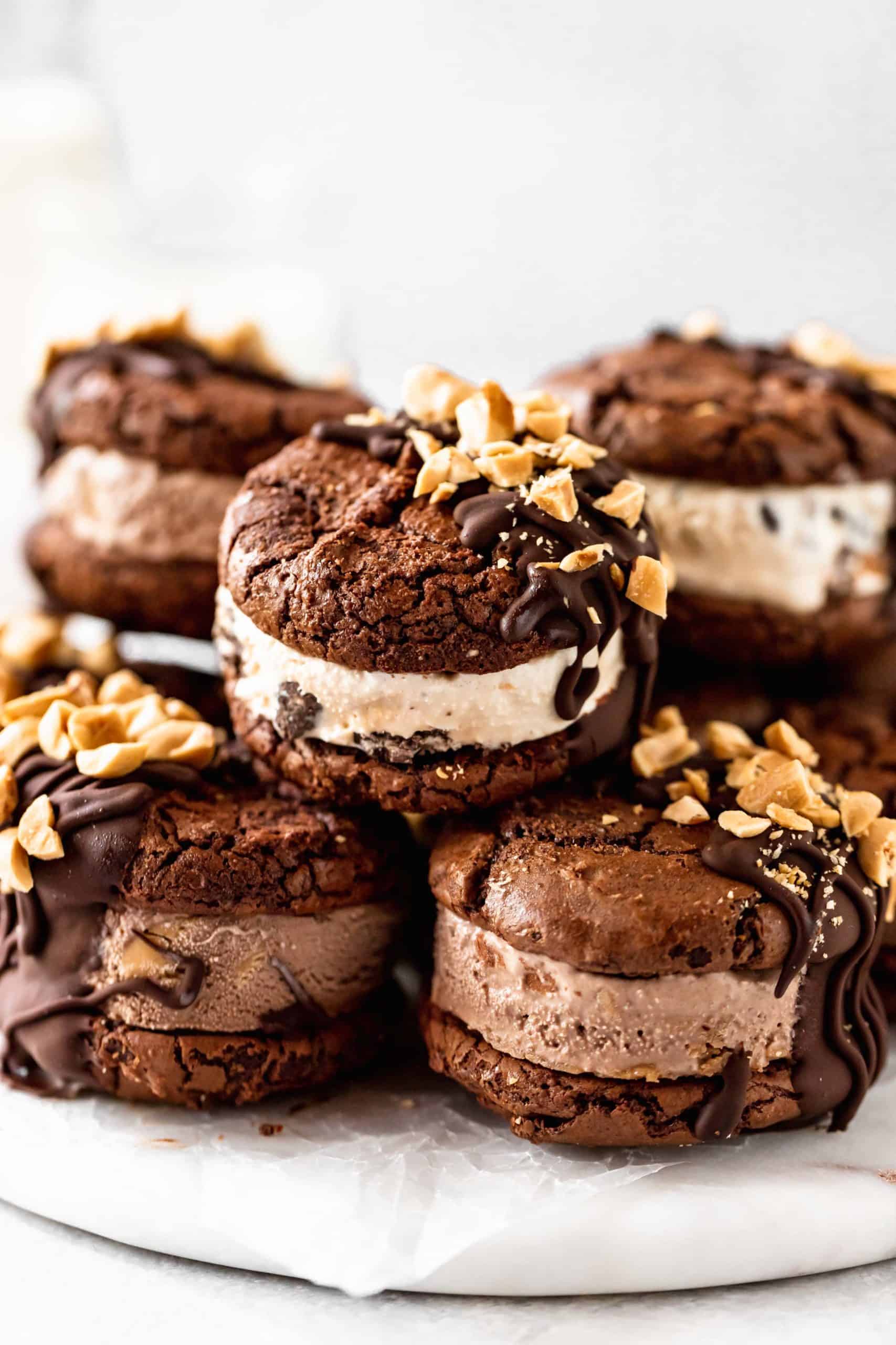 stack of brownie cookie ice cream sandwiches