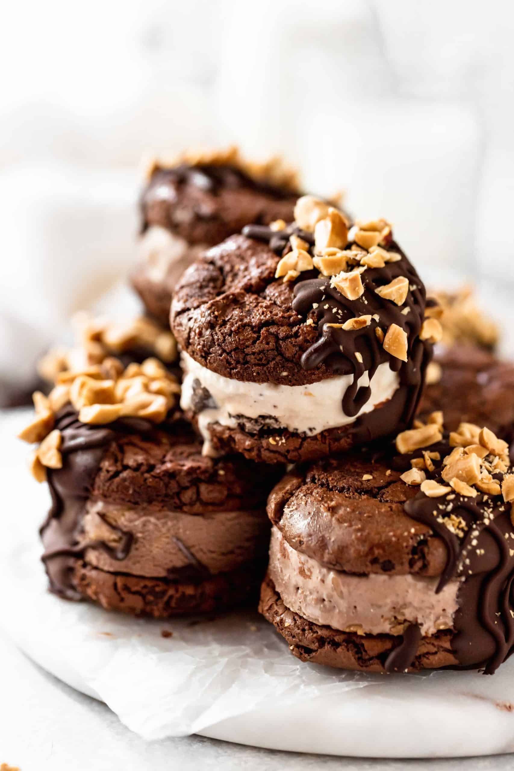 stack of brownie cookie ice cream sandwiches