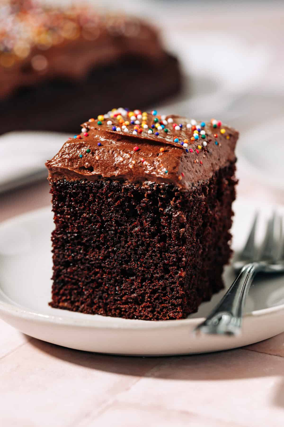 Slice of one layer chocolate with chocolate frosting on a plate.