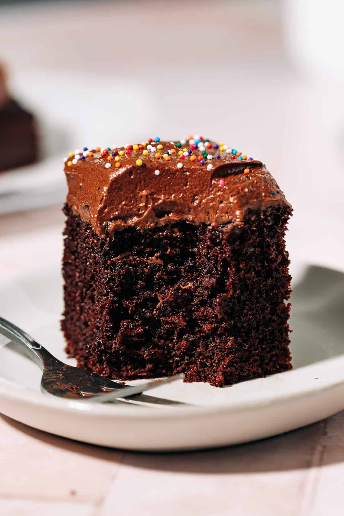 bite shot of a piece of chocolate cake on a plate.