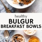 bulgur breakfast bowl topped with coconut flakes, blueberries, cinnamon, and honey