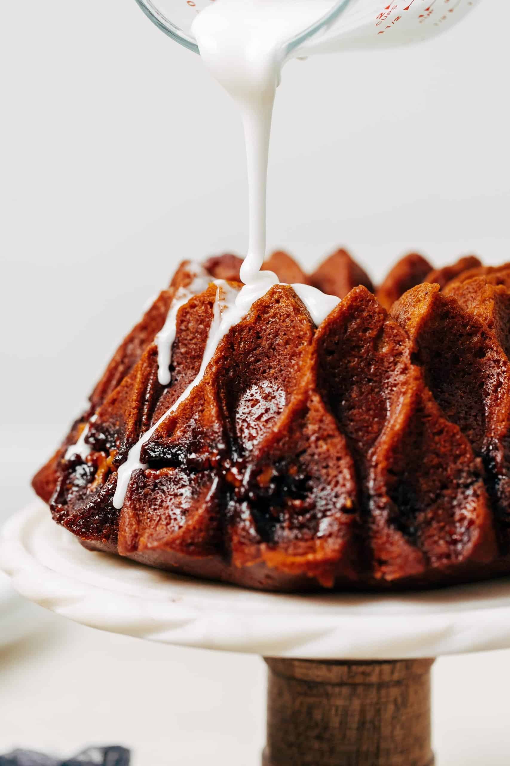 pumpkin streusel cake drizzled with glaze